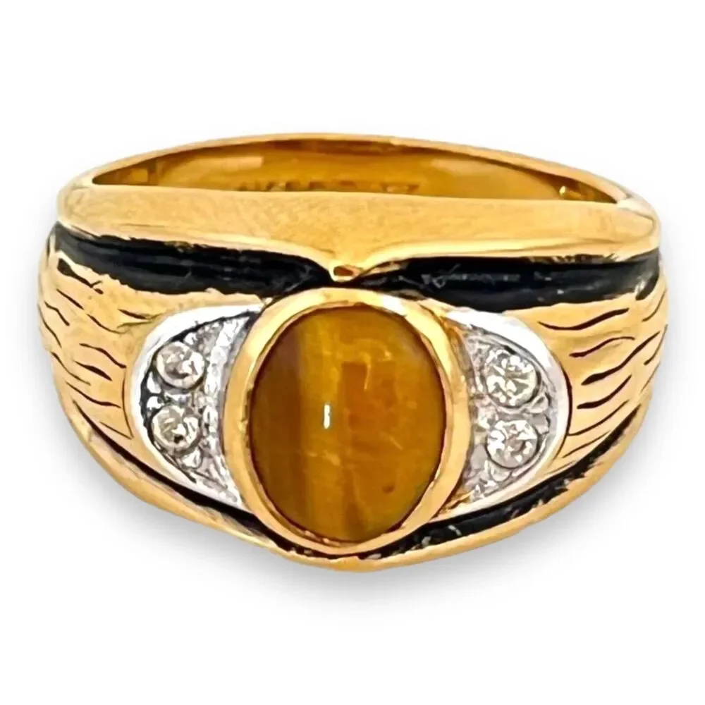 Vintage 1960s Ring Uncas Size 11 Tiger's Eye 14K Gold Plate Mid-Century -14N
